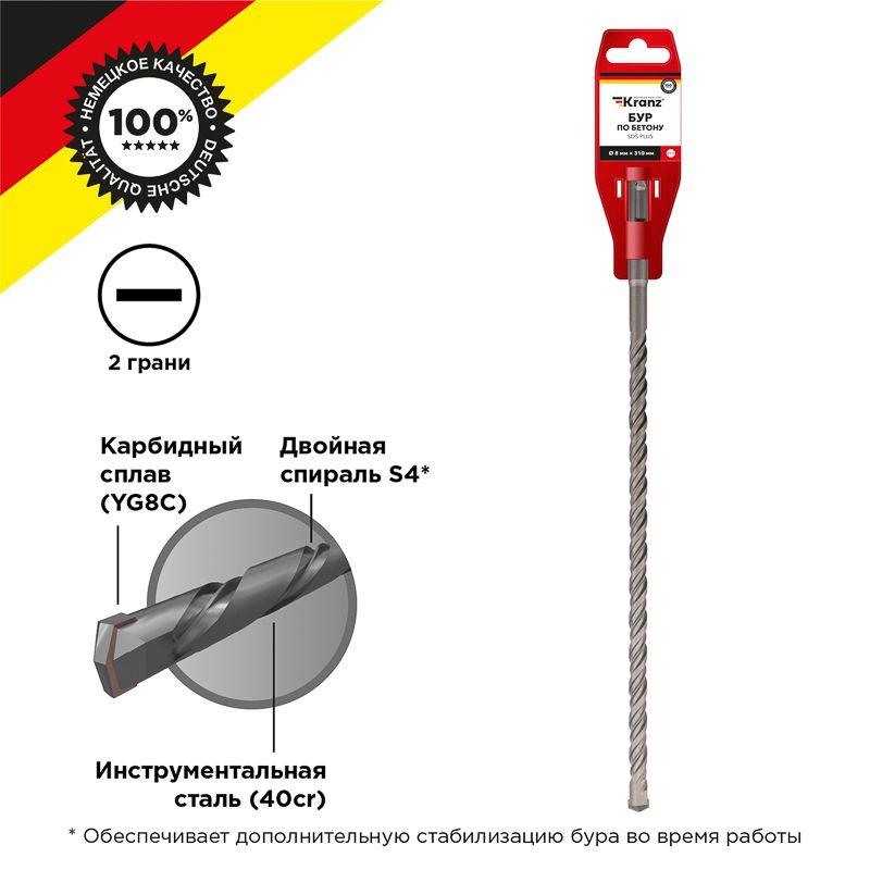Бур по бетону 8х310х250мм SDS PLUS Kranz KR-91-0025