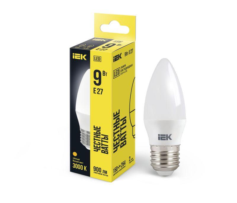 Лампа светодиодная ECO C35 9Вт свеча 3000К E27 230В IEK LLE-C35-9-230-30-E27