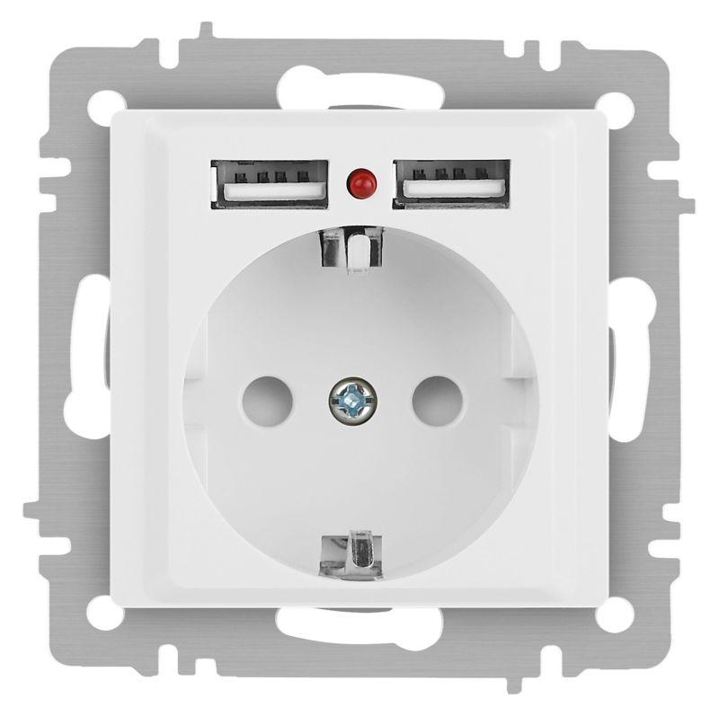Розетка 1-м СП Accent 6-410-01М 16А IP20 250В P+E Schuko защ. шторки + 2хUSB бел. матов. Intro Б0063691