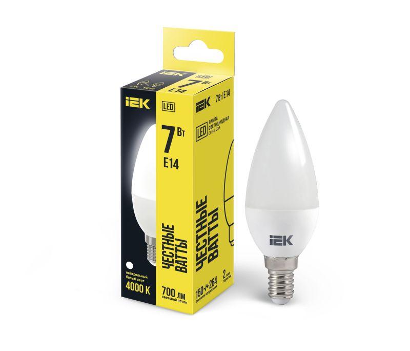 Лампа светодиодная Eco 7Вт C35 свеча 4000К нейтр. бел. E14 230В IEK LLE-C35-7-230-40-E14