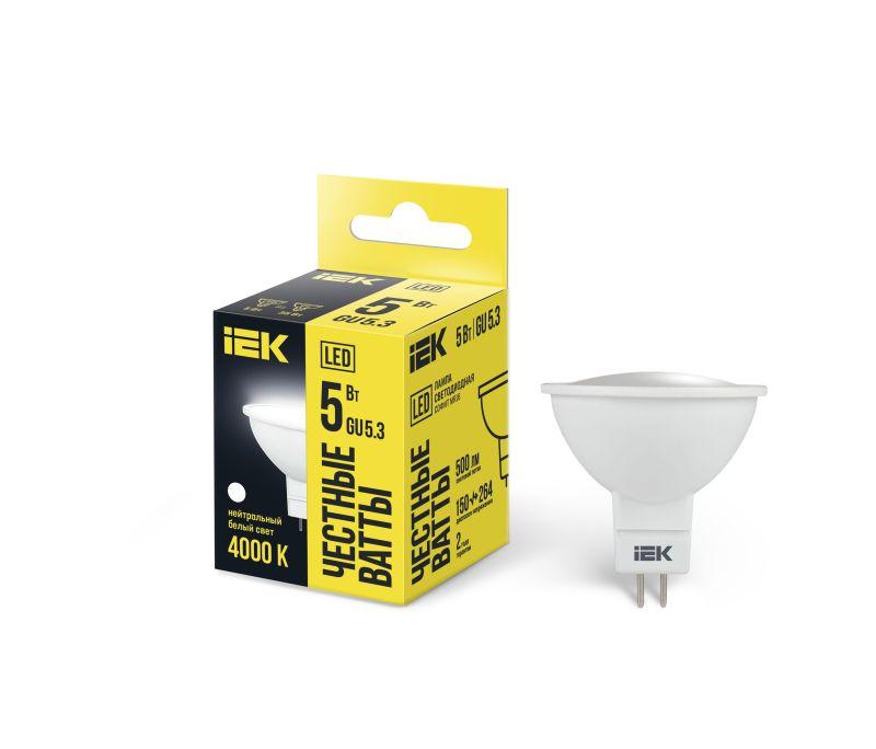 Лампа светодиодная Eco 5Вт MR16 софит 4000К нейтр. бел. GU5.3 450лм 230-240В IEK LLE-MR16-5-230-40-GU5
