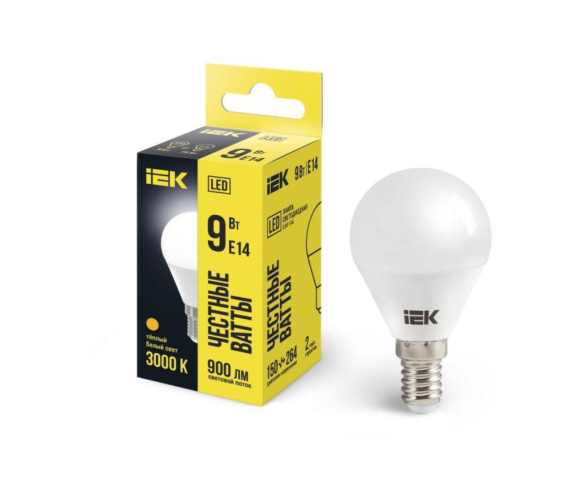 Лампа светодиодная ECO G45 9Вт шар 3000К E14 230В IEK LLE-G45-9-230-30-E14