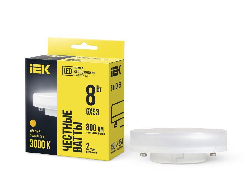 Лампа светодиодная ECO T75 таблетка 8Вт 230В 3000К GX53 IEK LLE-T80-8-230-30-GX53
