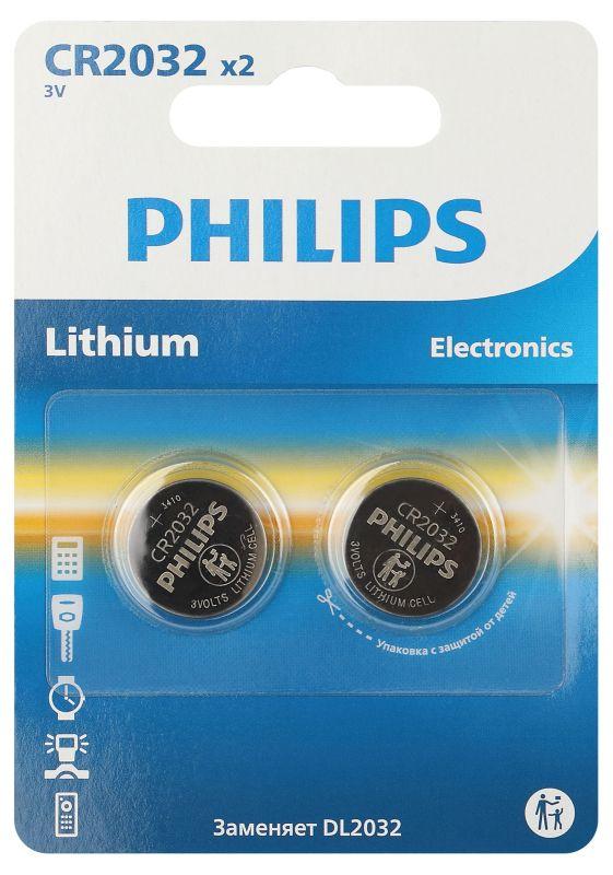 Элемент питания литиевый CR2032 (блист. 2шт) Philips Б0062716